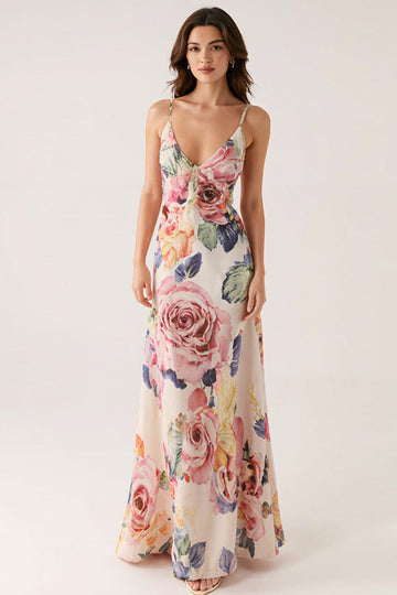Pink Floral Spaghetti Straps Sheath Evening Dress